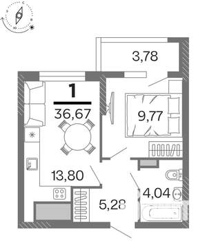 1-к квартира, строящийся дом, 37м2, 8/15 этаж