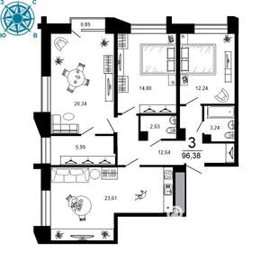 3-к квартира, вторичка, 96м2, 10/19 этаж