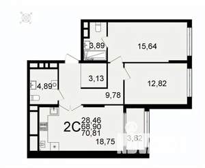2-к квартира, вторичка, 71м2, 17/26 этаж