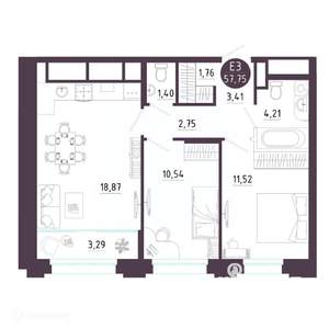 2-к квартира, вторичка, 58м2, 3/19 этаж