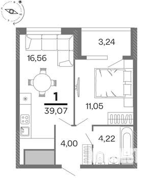 1-к квартира, строящийся дом, 39м2, 3/15 этаж