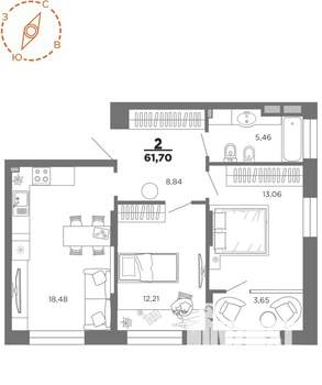 2-к квартира, вторичка, 62м2, 22/22 этаж