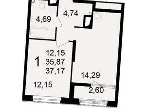 1-к квартира, вторичка, 37м2, 12/23 этаж