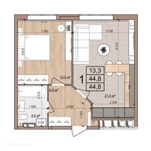 1-к квартира, вторичка, 45м2, 2/17 этаж