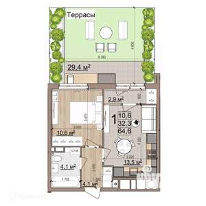 1-к квартира, вторичка, 65м2, 1/26 этаж