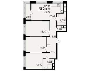 3-к квартира, вторичка, 74м2, 22/25 этаж