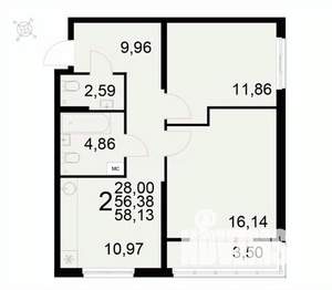 2-к квартира, вторичка, 58м2, 2/22 этаж