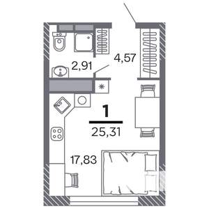 1-к квартира, строящийся дом, 25м2, 20/25 этаж