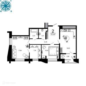 2-к квартира, вторичка, 77м2, 6/20 этаж