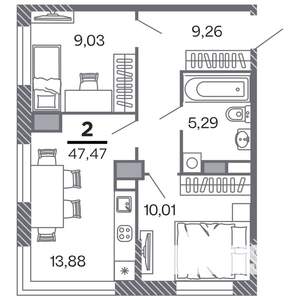 2-к квартира, строящийся дом, 47м2, 11/25 этаж