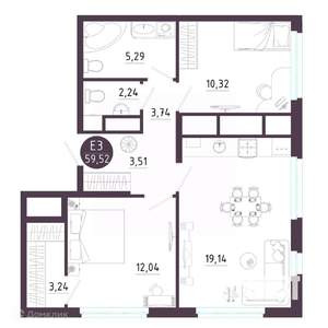 2-к квартира, вторичка, 60м2, 12/19 этаж