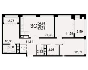 3-к квартира, вторичка, 79м2, 2/25 этаж