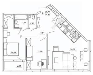 2-к квартира, вторичка, 75м2, 15/26 этаж
