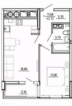 1-к квартира, вторичка, 43м2, 2/26 этаж