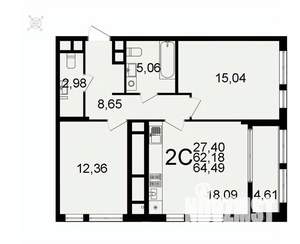 2-к квартира, вторичка, 64м2, 22/26 этаж