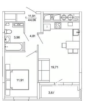 1-к квартира, вторичка, 44м2, 17/26 этаж