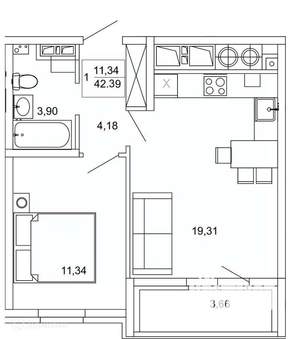 1-к квартира, вторичка, 42м2, 18/26 этаж