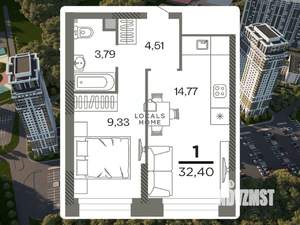 1-к квартира, вторичка, 32м2, 3/26 этаж