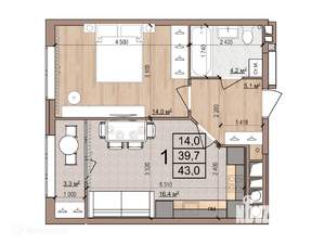 1-к квартира, вторичка, 43м2, 15/17 этаж