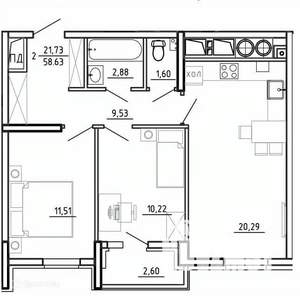 2-к квартира, вторичка, 59м2, 22/26 этаж