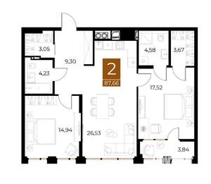 2-к квартира, вторичка, 88м2, 6/9 этаж