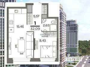 1-к квартира, вторичка, 32м2, 16/26 этаж