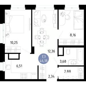 2-к квартира, вторичка, 46м2, 11/14 этаж