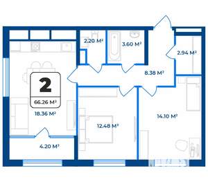 2-к квартира, строящийся дом, 66м2, 5/9 этаж