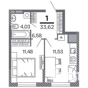 1-к квартира, строящийся дом, 34м2, 6/25 этаж