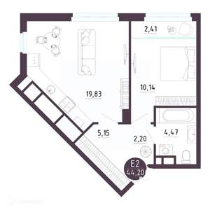 1-к квартира, вторичка, 44м2, 3/19 этаж