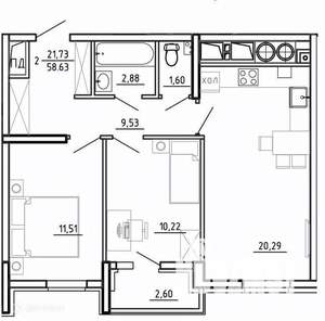 2-к квартира, вторичка, 59м2, 17/26 этаж