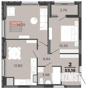 2-к квартира, вторичка, 53м2, 15/25 этаж