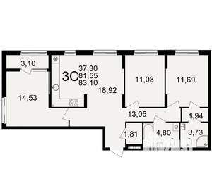 3-к квартира, вторичка, 82м2, 2/21 этаж