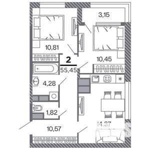 2-к квартира, строящийся дом, 55м2, 10/25 этаж
