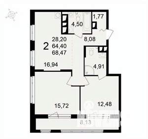 2-к квартира, вторичка, 68м2, 13/24 этаж