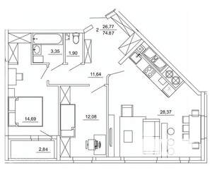 2-к квартира, вторичка, 75м2, 18/26 этаж