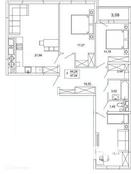 3-к квартира, вторичка, 97м2, 12/26 этаж