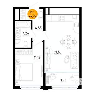 1-к квартира, вторичка, 44м2, 21/25 этаж