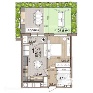 1-к квартира, вторичка, 64м2, 1/26 этаж