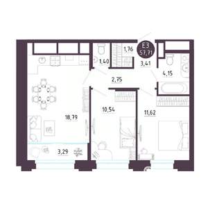 2-к квартира, вторичка, 58м2, 3/18 этаж