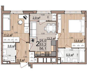2-к квартира, вторичка, 56м2, 13/25 этаж
