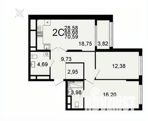 2-к квартира, вторичка, 71м2, 22/26 этаж