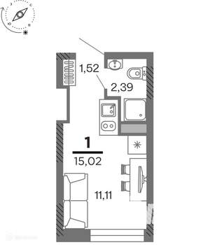 1-к квартира, вторичка, 15м2, 19/26 этаж