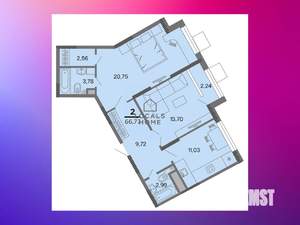 2-к квартира, вторичка, 67м2, 12/22 этаж