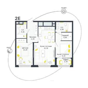 2-к квартира, строящийся дом, 65м2, 19/25 этаж