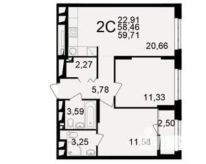 2-к квартира, вторичка, 58м2, 23/25 этаж