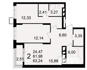 2-к квартира, вторичка, 62м2, 16/23 этаж