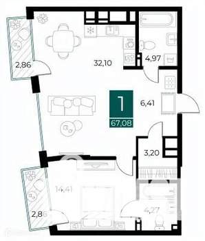 1-к квартира, вторичка, 67м2, 10/14 этаж