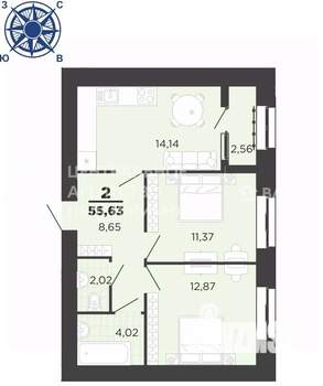 2-к квартира, вторичка, 56м2, 10/16 этаж
