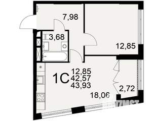 1-к квартира, вторичка, 43м2, 1/25 этаж